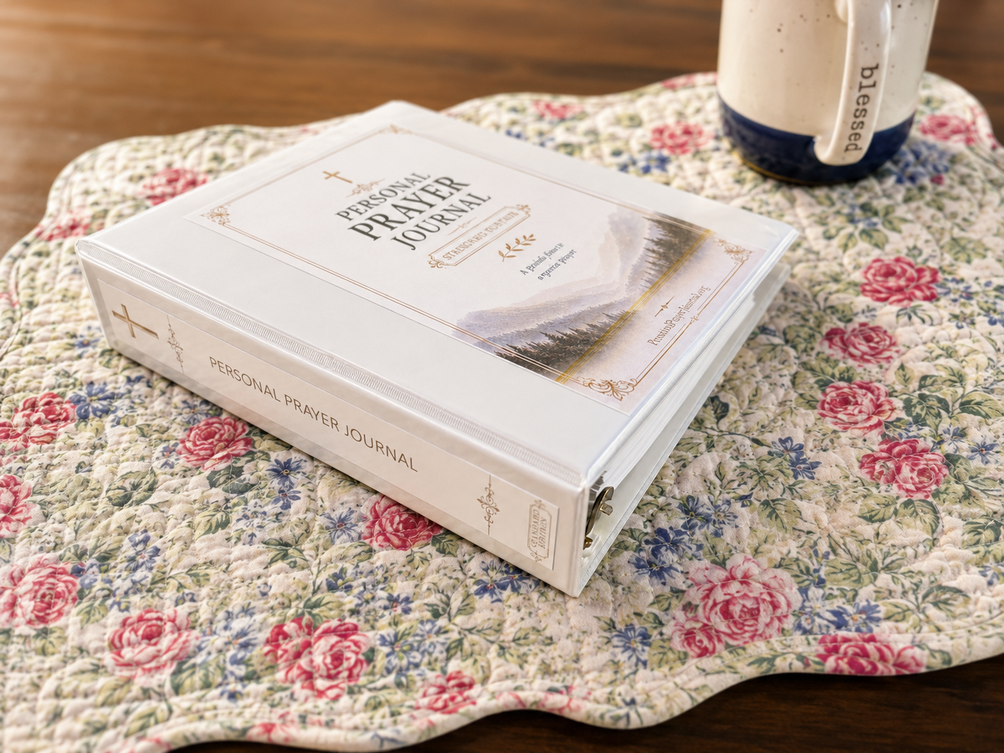 Closed Personal Prayer Journal binder on a floral quilt with a coffee mug